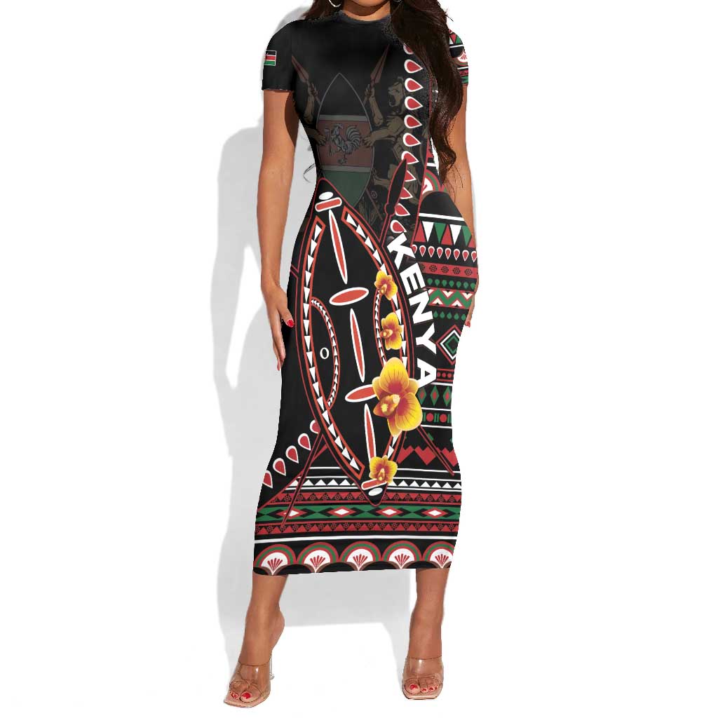 Personalized Kenya Short Sleeve Bodycon Dress Jamhuri Day, Kenya Shield