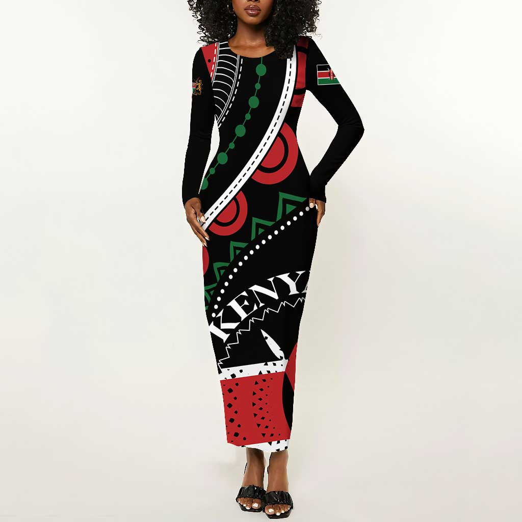 Personalized Kenya Long Sleeve Bodycon Dress Harambee African Pattern - Coat of Arms Design