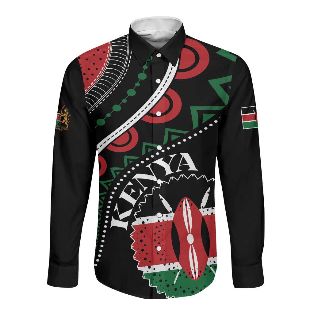 Personalized Kenya Long Sleeve Button Shirt Harambee African Pattern - Coat of Arms Design