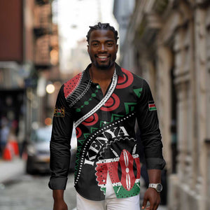 Personalized Kenya Long Sleeve Button Shirt Harambee African Pattern - Coat of Arms Design