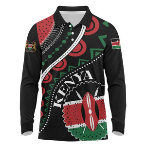 Personalized Kenya Long Sleeve Polo Shirt Harambee African Pattern - Coat of Arms Design