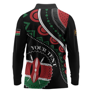 Personalized Kenya Long Sleeve Polo Shirt Harambee African Pattern - Coat of Arms Design