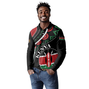 Personalized Kenya Long Sleeve Polo Shirt Harambee African Pattern - Coat of Arms Design