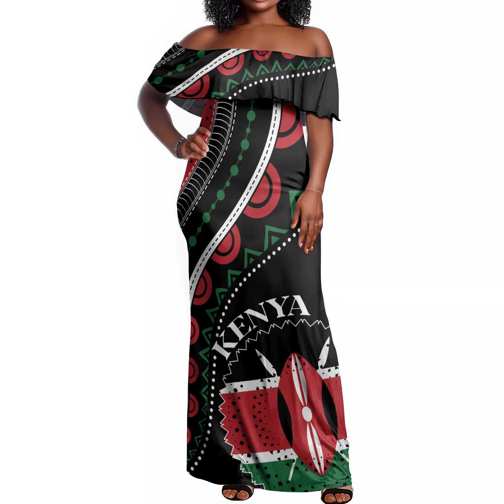 Personalized Kenya Off Shoulder Maxi Dress Harambee African Pattern - Coat of Arms Design