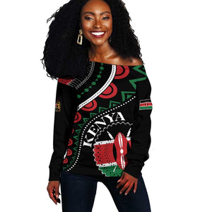 Personalized Kenya Off Shoulder Sweater Harambee African Pattern - Coat of Arms Design