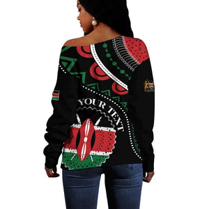 Personalized Kenya Off Shoulder Sweater Harambee African Pattern - Coat of Arms Design