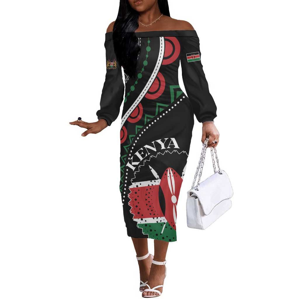 Personalized Kenya Off The Shoulder Long Sleeve Dress Harambee African Pattern - Coat of Arms Design