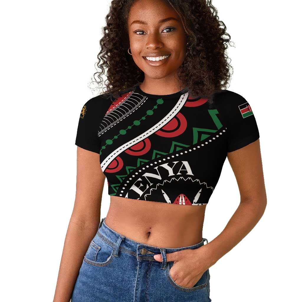 Personalized Kenya Raglan Cropped T shirt Harambee African Pattern - Coat of Arms Design