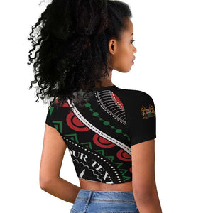 Personalized Kenya Raglan Cropped T shirt Harambee African Pattern - Coat of Arms Design