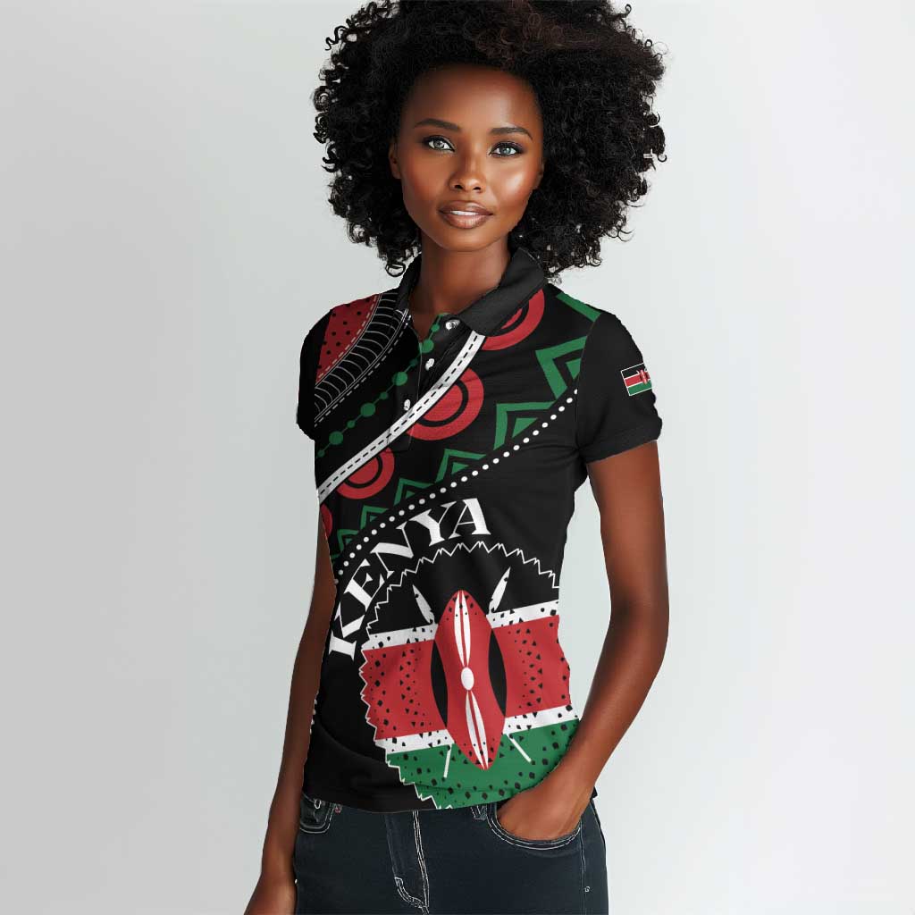 Personalized Kenya Women Polo Shirt Harambee African Pattern - Coat of Arms Design