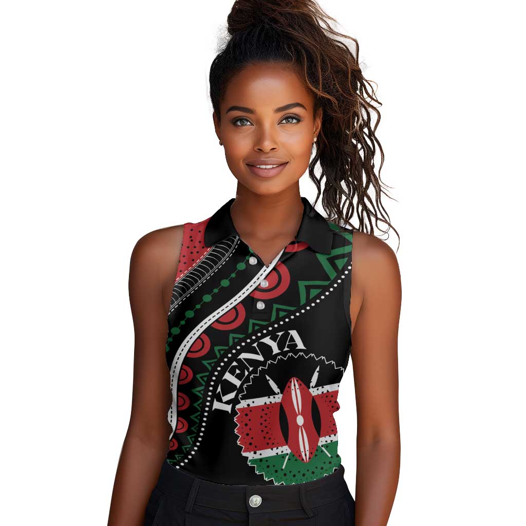 Personalized Kenya Women Sleeveless Polo Shirt Harambee African Pattern - Coat of Arms Design