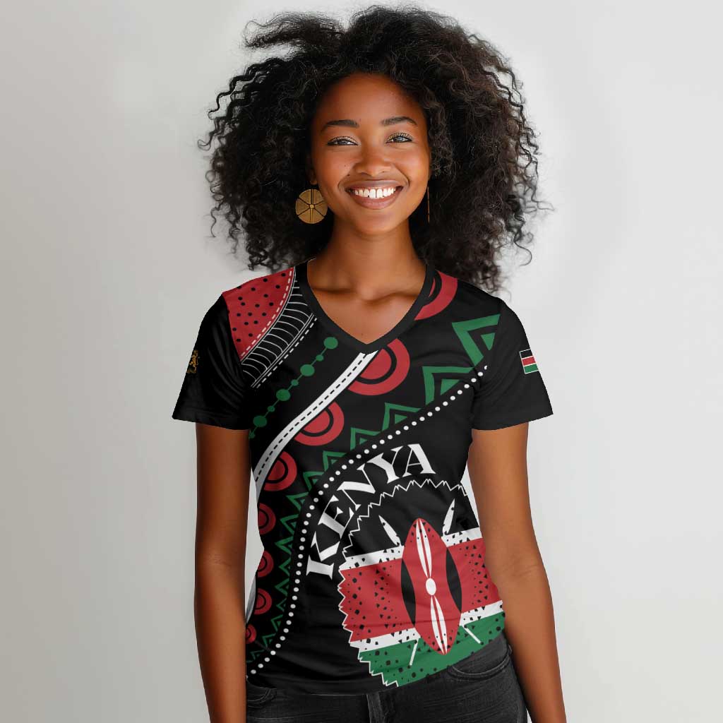 Personalized Kenya Women V-Neck T-Shirt Harambee African Pattern - Coat of Arms Design