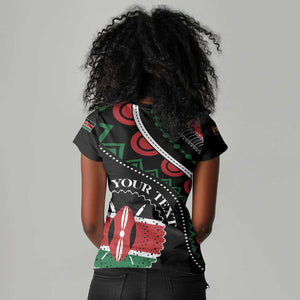 Personalized Kenya Women V-Neck T-Shirt Harambee African Pattern - Coat of Arms Design