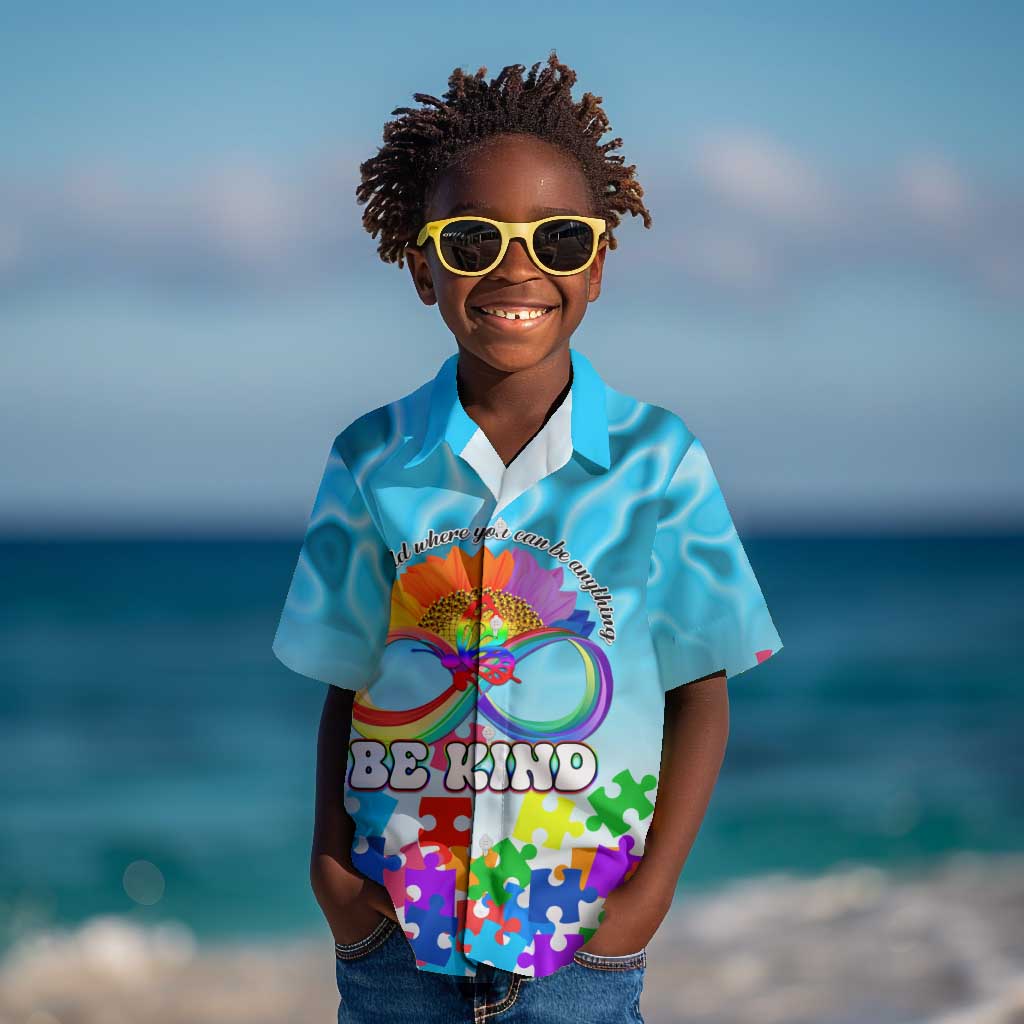 World Autism Awareness Day 2024 Kid Hawaiian Shirt In A World Where You Can Be Anything Be Kind