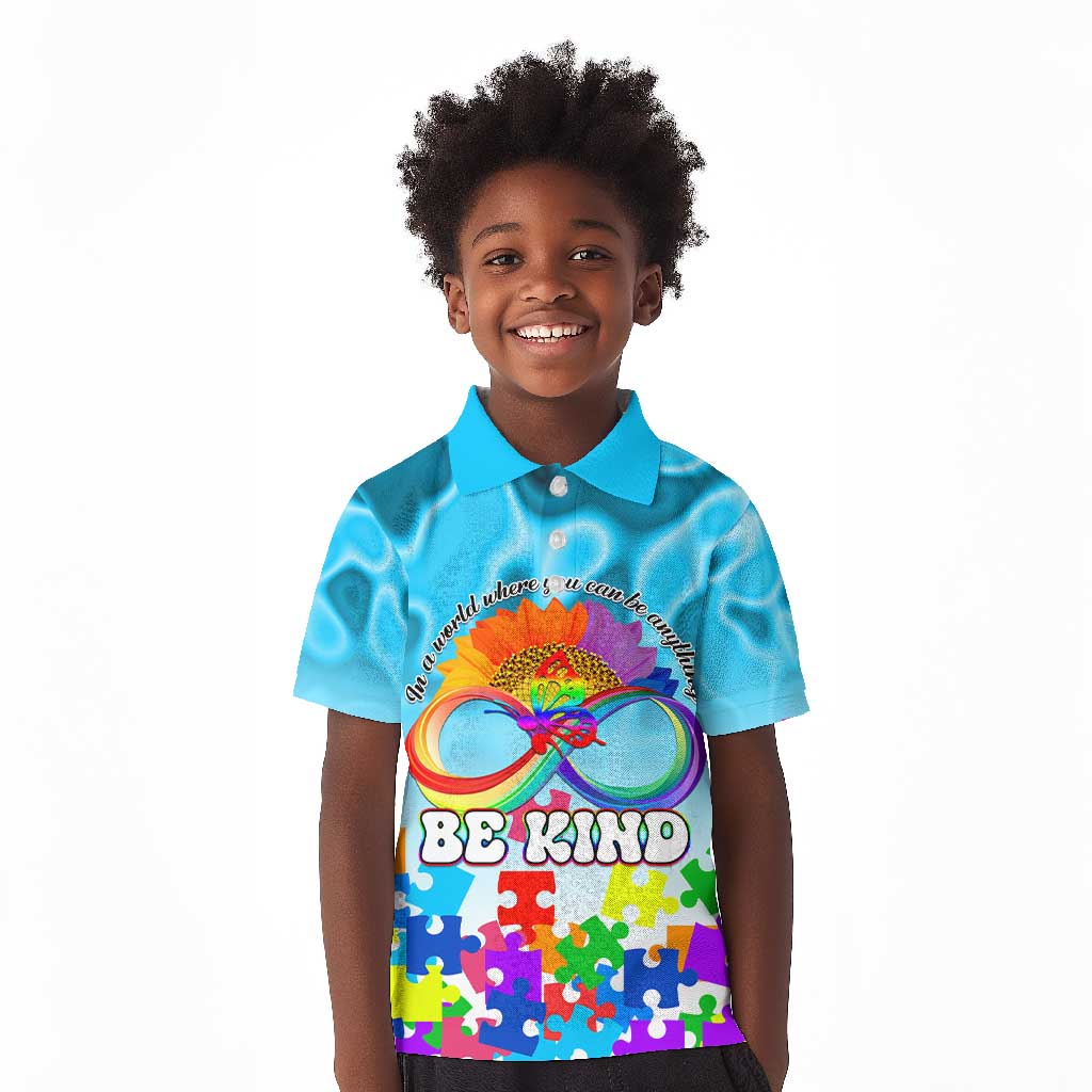 World Autism Awareness Day 2024 Kid Polo Shirt In A World Where You Can Be Anything Be Kind