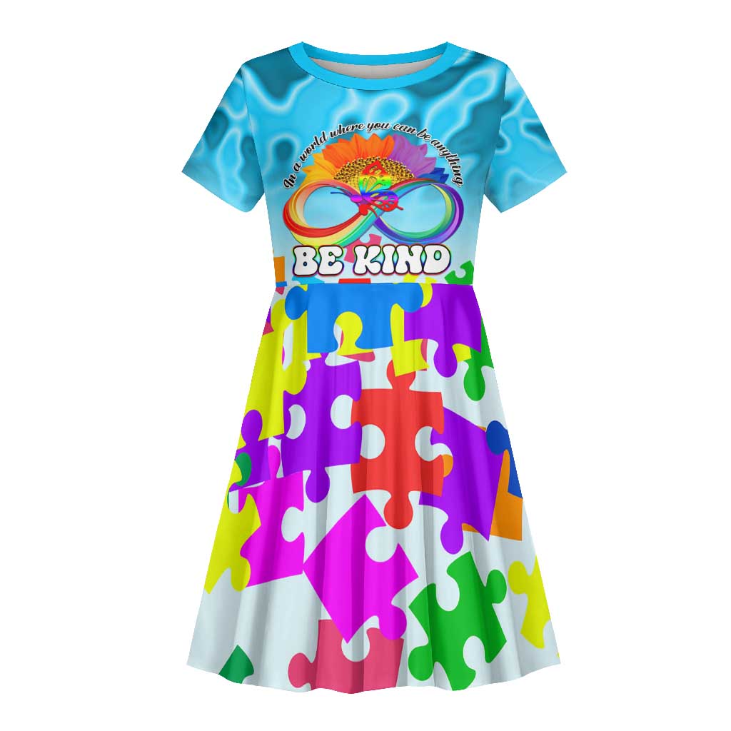 World Autism Awareness Day 2024 Kid Short Sleeve Dress In A World Where You Can Be Anything Be Kind