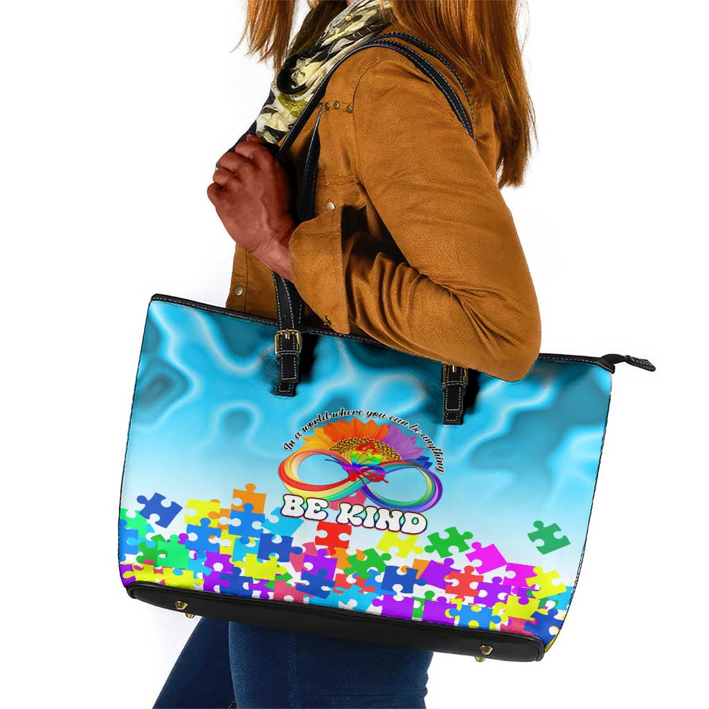 World Autism Awareness Day 2024 Leather Tote Bag In A World Where You Can Be Anything Be Kind