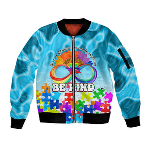 World Autism Awareness Day 2024 Sleeve Zip Bomber Jacket In A World Where You Can Be Anything Be Kind