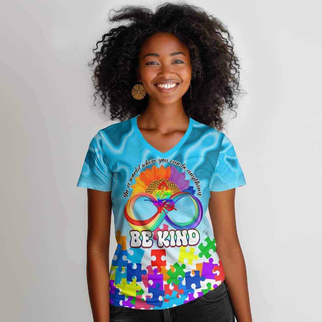 World Autism Awareness Day 2024 Women V-Neck T-Shirt In A World Where You Can Be Anything Be Kind