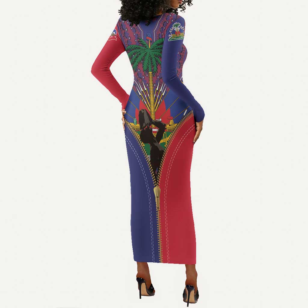 Afro Haiti Heritage Month Long Sleeve Bodycon Dress Zipper Stylized