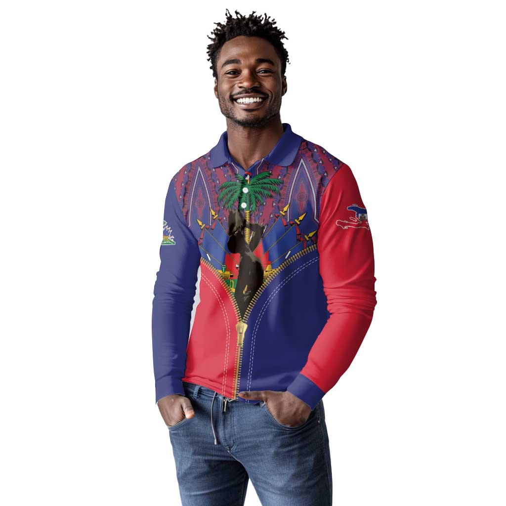 Afro Haiti Heritage Month Long Sleeve Polo Shirt Zipper Stylized