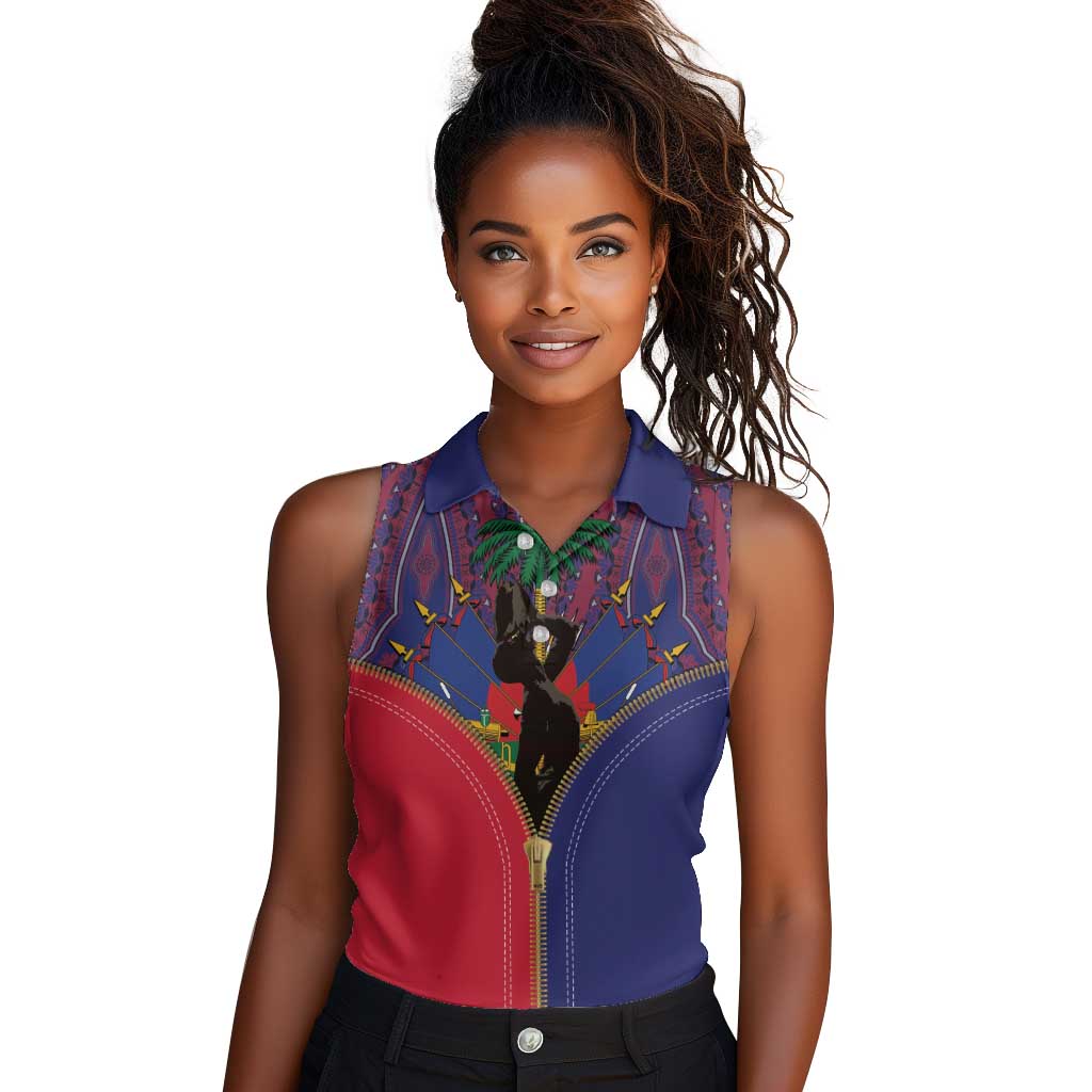 Afro Haiti Heritage Month Women Sleeveless Polo Shirt Zipper Stylized