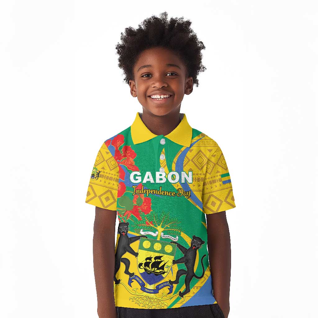 Gabon Independence Day Kid Polo Shirt Gabonaise Flamboyant African Pattern