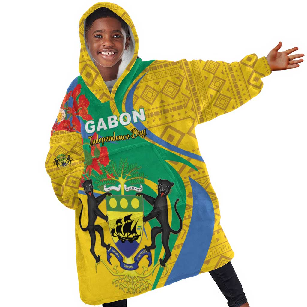 Gabon Independence Day KId Wearable Blanket Hoodie Gabonaise Flamboyant African Pattern