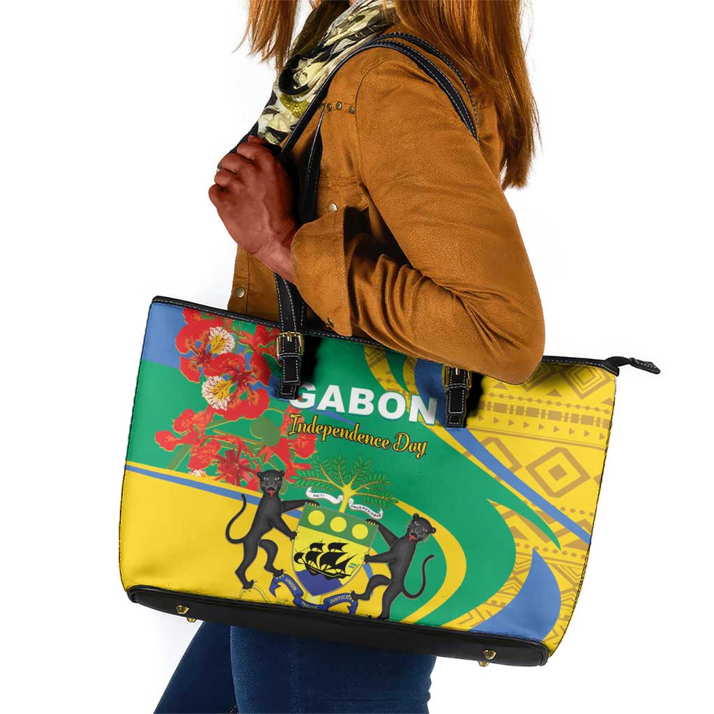 Gabon Independence Day Leather Tote Bag Gabonaise Flamboyant African Pattern