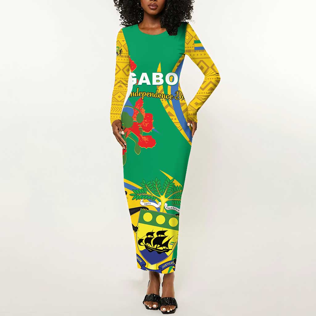 Gabon Independence Day Long Sleeve Bodycon Dress Gabonaise Flamboyant African Pattern