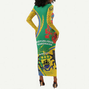 Gabon Independence Day Long Sleeve Bodycon Dress Gabonaise Flamboyant African Pattern