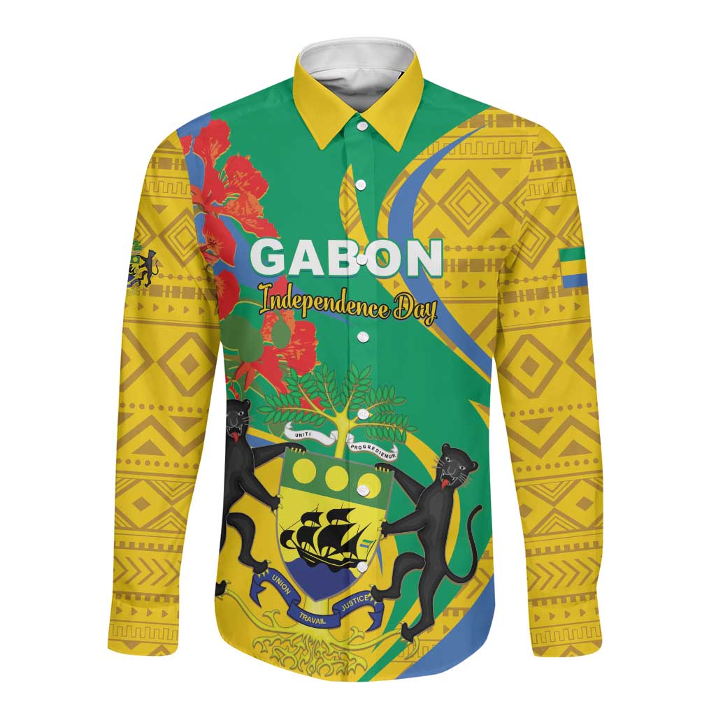 Gabon Independence Day Long Sleeve Button Shirt Gabonaise Flamboyant African Pattern