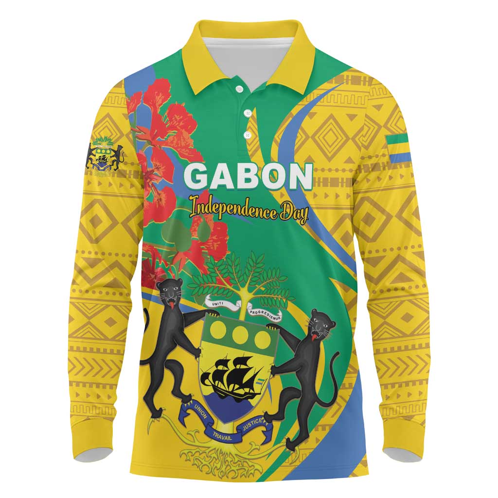 Gabon Independence Day Long Sleeve Polo Shirt Gabonaise Flamboyant African Pattern