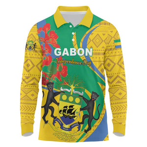 Gabon Independence Day Long Sleeve Polo Shirt Gabonaise Flamboyant African Pattern