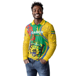 Gabon Independence Day Long Sleeve Polo Shirt Gabonaise Flamboyant African Pattern