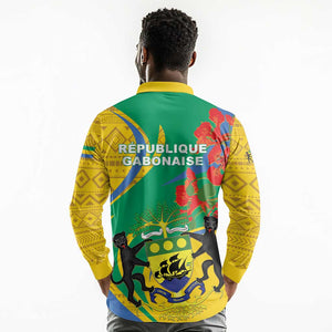 Gabon Independence Day Long Sleeve Polo Shirt Gabonaise Flamboyant African Pattern