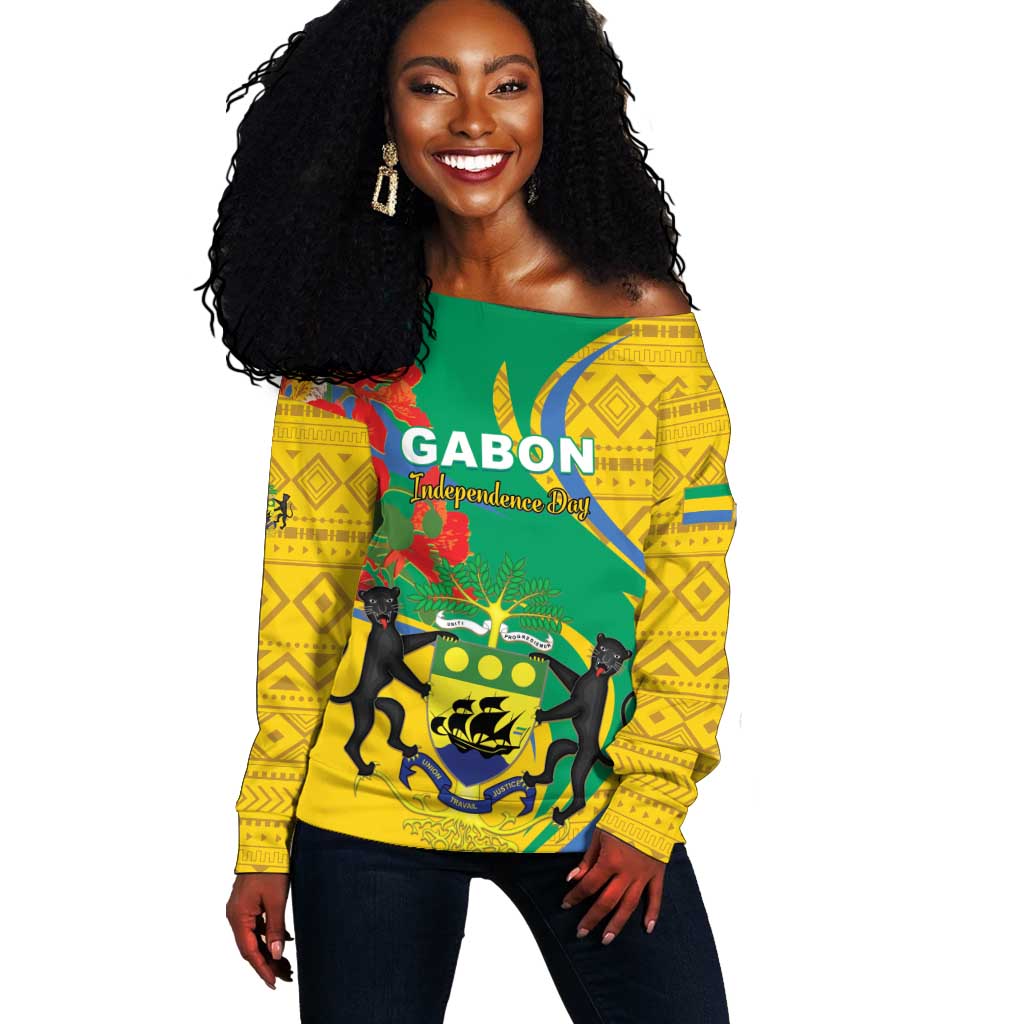 Gabon Independence Day Off Shoulder Sweater Gabonaise Flamboyant African Pattern