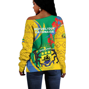 Gabon Independence Day Off Shoulder Sweater Gabonaise Flamboyant African Pattern