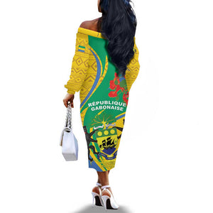 Gabon Independence Day Off The Shoulder Long Sleeve Dress Gabonaise Flamboyant African Pattern