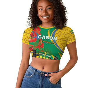 Gabon Independence Day Raglan Cropped T shirt Gabonaise Flamboyant African Pattern