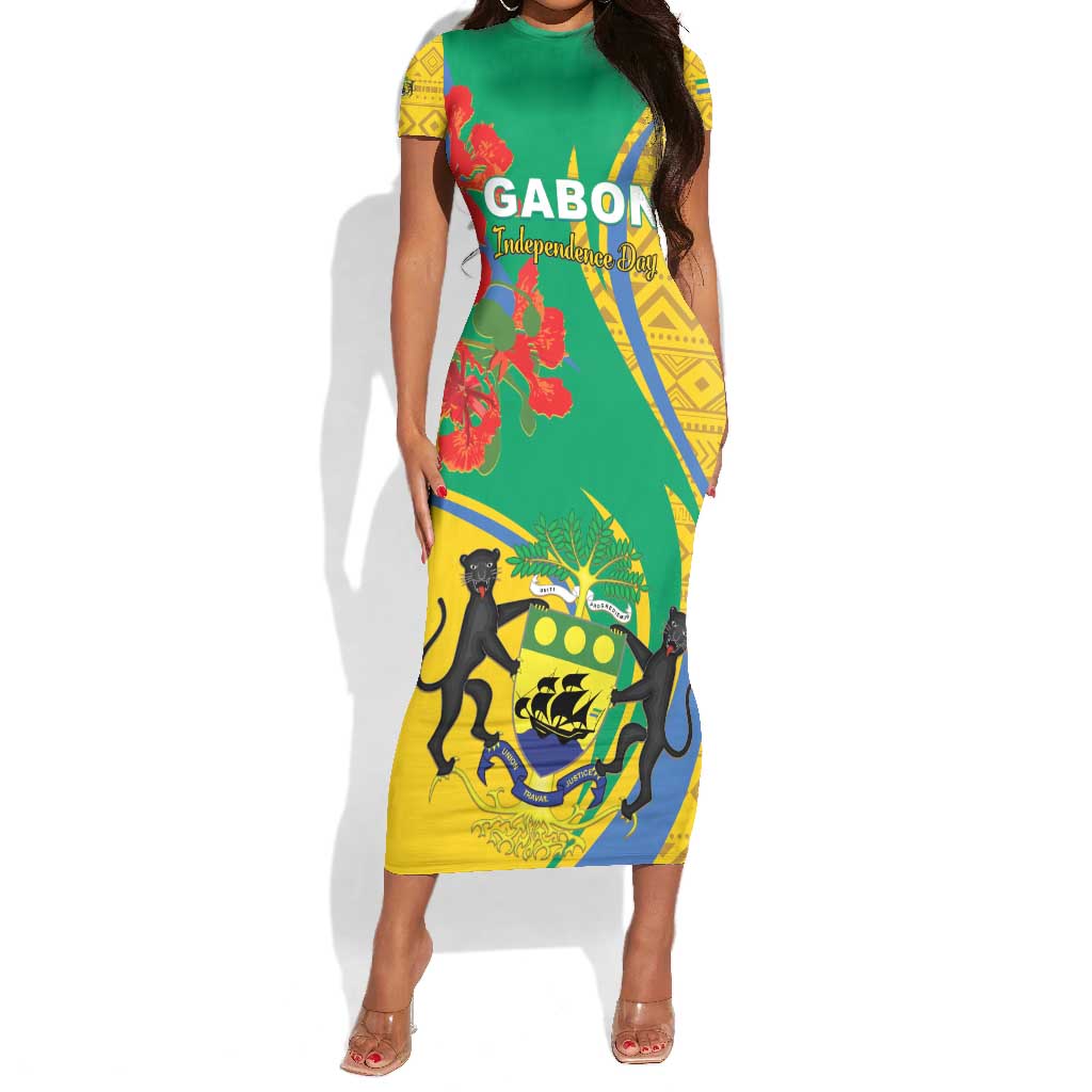 Gabon Independence Day Short Sleeve Bodycon Dress Gabonaise Flamboyant African Pattern