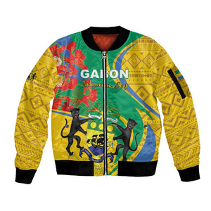 Gabon Independence Day Sleeve Zip Bomber Jacket Gabonaise Flamboyant African Pattern