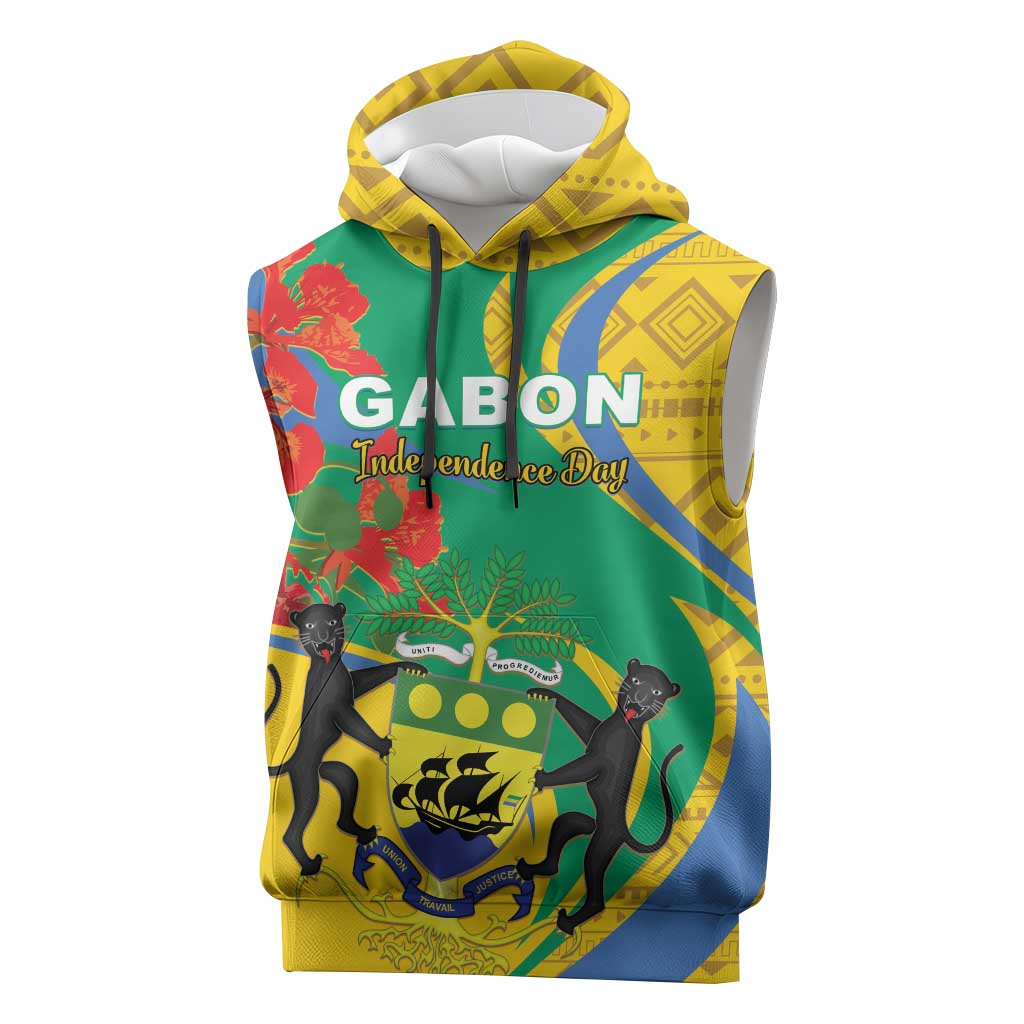 Gabon Independence Day Sleeveless Hoodie Gabonaise Flamboyant African Pattern - African Pride