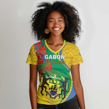 Gabon Independence Day Women V-Neck T-Shirt Gabonaise Flamboyant African Pattern