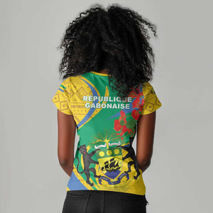 Gabon Independence Day Women V-Neck T-Shirt Gabonaise Flamboyant African Pattern