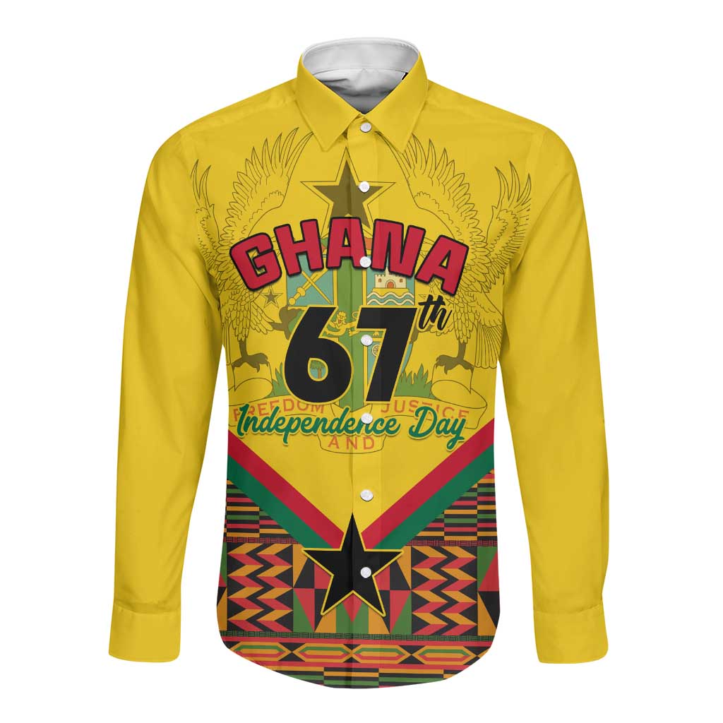 Ghana Independence Day Long Sleeve Button Shirt with Freedom and Justice and African Pattern