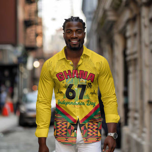 Ghana Independence Day Long Sleeve Button Shirt with Freedom and Justice and African Pattern