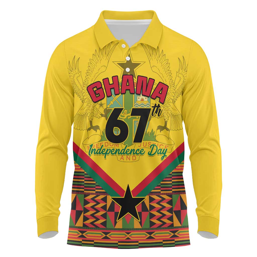 Ghana Independence Day Long Sleeve Polo Shirt with Freedom and Justice and African Pattern