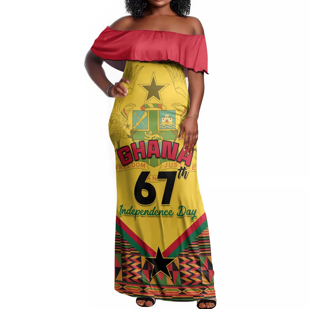 Ghana Independence Day Off Shoulder Maxi Dress with Freedom and Justice and African Pattern