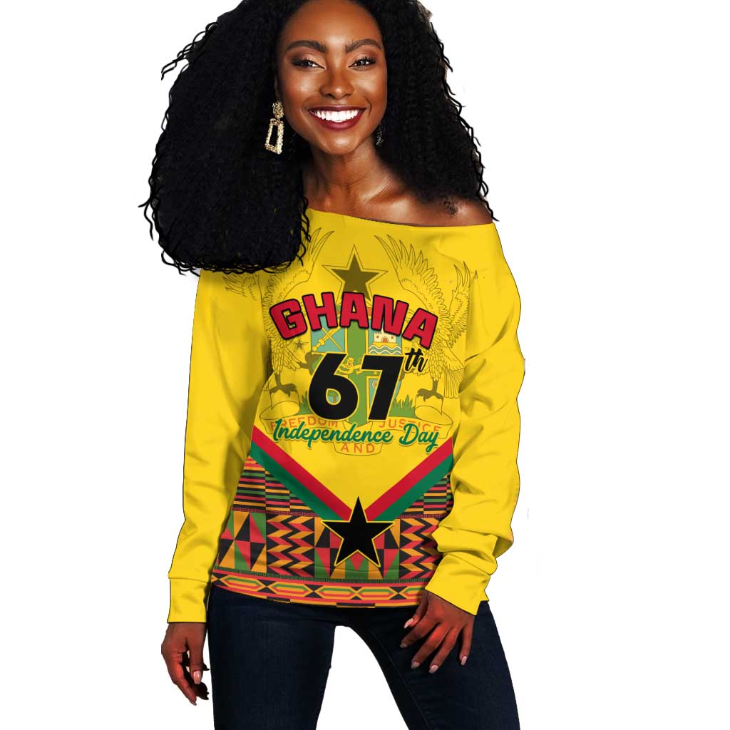 Ghana Independence Day Off Shoulder Sweater with Freedom and Justice and African Pattern